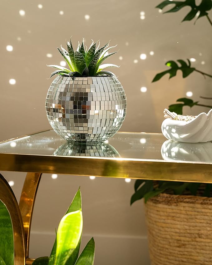 Hanging Disco Ball Planter 8" - with Acrylic Stand and Macrame Plant Hanger - Home Décor, Room Décor, Mirror Disco Planter, Disco Decor (6" with Black Hanger, Flat Base)