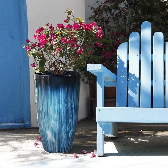 Worth Garden 20" H. Large Plastic Planters - Set of 2 Gradient Blue Glossy Smooth Finish - Tall Plant Pots for Indoor & Outdoor Use - Decorative Lightweight Flower Pots for Front Porch, Patio, Deck