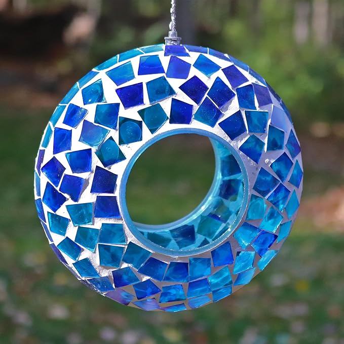 Sunnydaze 6-Inch Glass Mosaic Hanging Bird Feeder for Outdoors - Fly-Through Wild Bird Feeder - Blue Mosaic