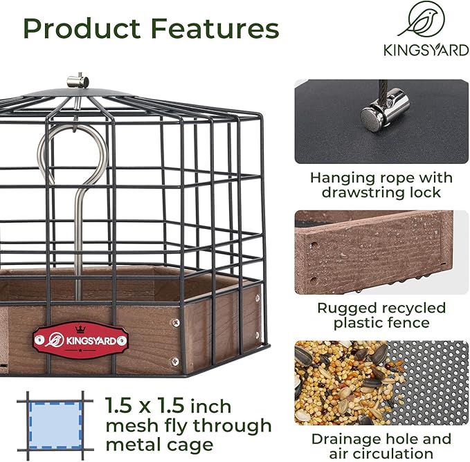 Kingsyard Squirrel Proof Platform Bird Feeders for Outdoor Hanging, Caged Bird Feeder for Small Wildbirds Finches, Recycled Plastic Feeding Platform with Metal Seed Tray, Brown