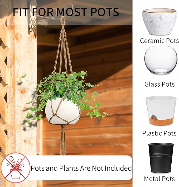 Macrame Plant Hanger, 34"/41"/46" 3 Sizes, Hanging Planters for Indoor Outdoor Plants, Flower Pot Holder with Wood Beads & Tassels for Boho Home Decor, 3 Pack, Brown