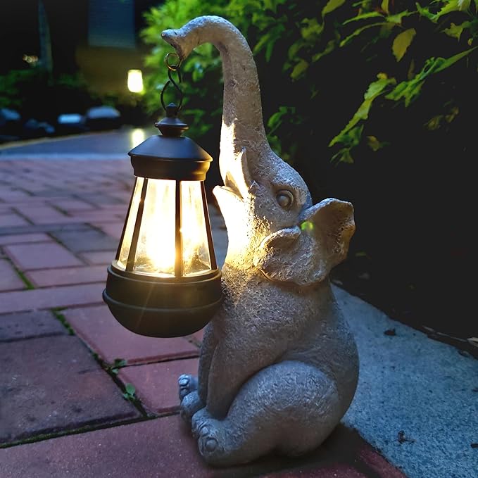 Elephant Solar Garden Statues,Resin Elephant Figurine Decorations with Solar Lights Lantern, Outdoor Elephant Decor Art for Lawn,Yard, Unique Housewarming Gift for Garden Home, VY-0617