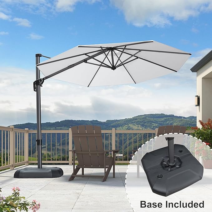 PURPLE LEAF 10 Feet Patio Umbrella with Base Outdoor Cantilever Round Umbrella Aluminum Offset Umbrella with 360-degree Rotation for Garden Deck Pool Patio Light White