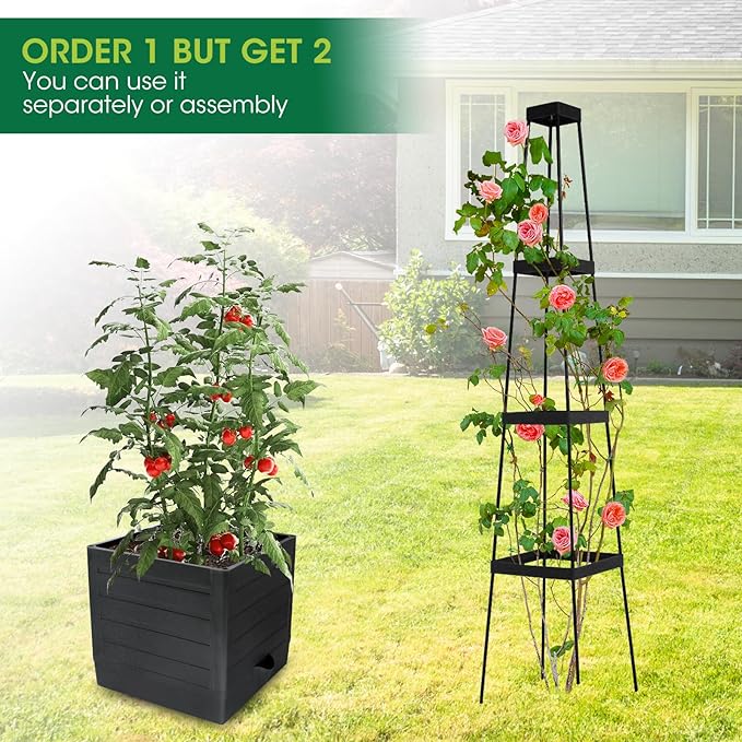 MQFORU Raised Garden Bed Planter Boxes with Trellis, 57" Self-Watering Tomato Planter Boxes with Trellis for Climbing Vegetable and Plants, Tomato Cage for Indoor Outdoor Use