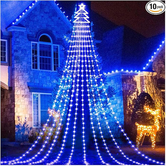 Outdoor Christmas Decorations Star String Lights 420 LED Waterproof Waterfall Lights with Christmas Tree Topper, 8 Lighting Modes Tree for Yard Patio Garden Party (Blue)
