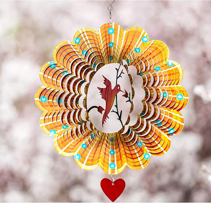 SteadyDoggie Wind Spinner - 12-Inch 3D Stainless Steel Lovebird Design with Heart Pendant - Laser Cut Metal Art Geometric Pattern - Hanging Kinetic Yard Garden Decor