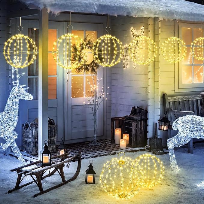 Outdoor Decorations Hanging Ball Lights 2PCS - 12 Inch Connectable Hanging Tree Globe 120 LED Fairy Lights with 8 Lighting Modes,Timing Function Waterproof Indoor Outdoor (Warm White, 2pcs)
