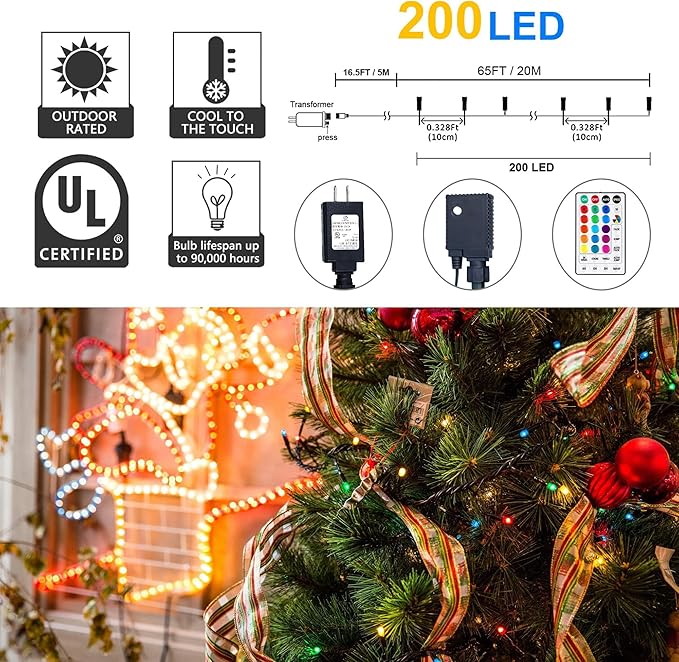 weillsnow Color Changing Christmas Lights, 66ft 200 LED RGB String Lights with Remote & Timer, Fairy Lights for Indoor Outdoor Xmas Tree Party Wedding Christmas Decorations