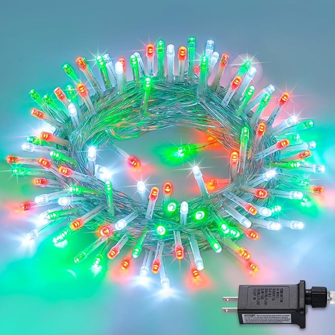 JMEXSUSS Connectable Red White and Green Christmas Lights, 8 Modes 100 LED Twinkle String Lights Indoor, Clear Wire Plug-in String Lights Outdoor Waterproof