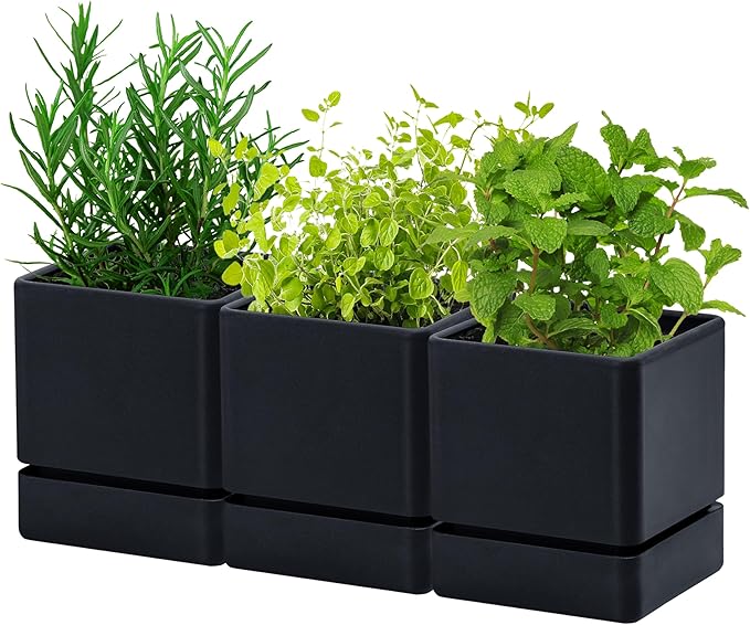 4 Inch Herb Planter Pot, Plastic Planter with Drainage Holes and Saucer, Modern Decorative Gardening Pot for Indoor Plants, Flowers, Herbs, Succulents, Black, Set of 3, 76-Y-B-3