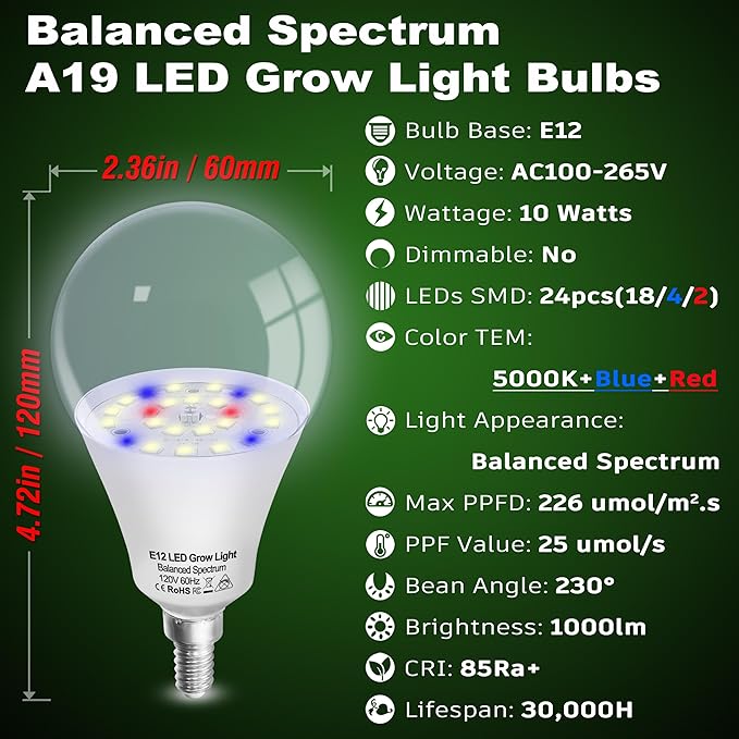 Candelabra LED Plant Grow Light Bulbs E12 Indoor Plants Full Spectrum,Small Base LED Sun Light Bulbs Plant Growing 100W Equivalent with Balanced Spectrum 5000K Red Blue for Seeds Greens Flower,1Pcs