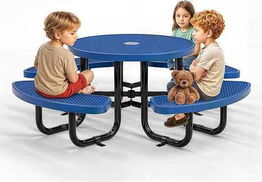 Metal Picnic Tables for Kids for Outdoors with Umbrella Hole - Coated Steel Heavy Duty Commercial Grade Table with Adjustable Seats (Blue, 38 in, Kids, Expanded Steel)
