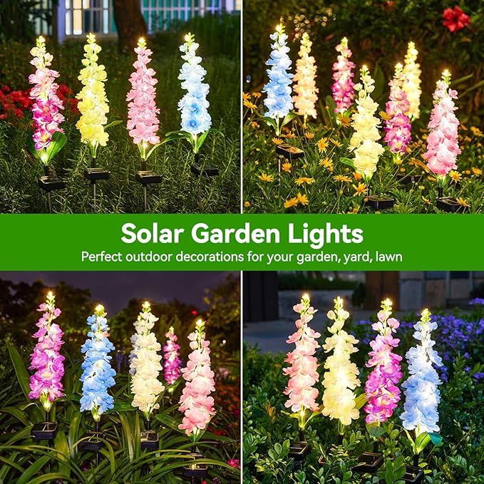 KOOPER Solar Lights Outdoor Garden Decor, 4 Pack Upgraded Delphinium Solar Garden Lights, 36 LEDs Garden Lights Solar Powered, Waterproof Solar Lights for Outside, Solar Flowers Lights for Yard Decor