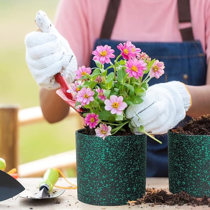 8/7/6 inch Plant Pots, 3 Pack Cylindrical Flower Pots for Outdoor Indoor Plants, Decorative Plastic Planters with Drainage Holes and Saucers for Garden House Plants, Black with Green Speckles