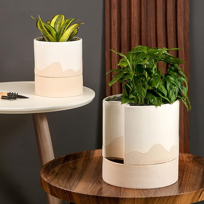 Nihow Self Watering Plant Pot: 8 Inch Ceramic Planter with Drainage Hole & Water Storage Plus for Indoor & Outdoor Plants - Cylinder Round Flower Pot for Succulent/Herbs/Violets - White & Wave Nature