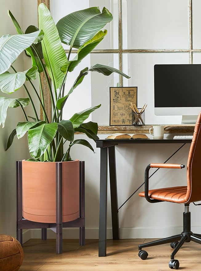 D'vine Dev Terracotta Planter with Walnut Color Stand - 12 Inch Modern Round Flower Pot with Wood Planter Holder, Terracotta, 55-B-W-5