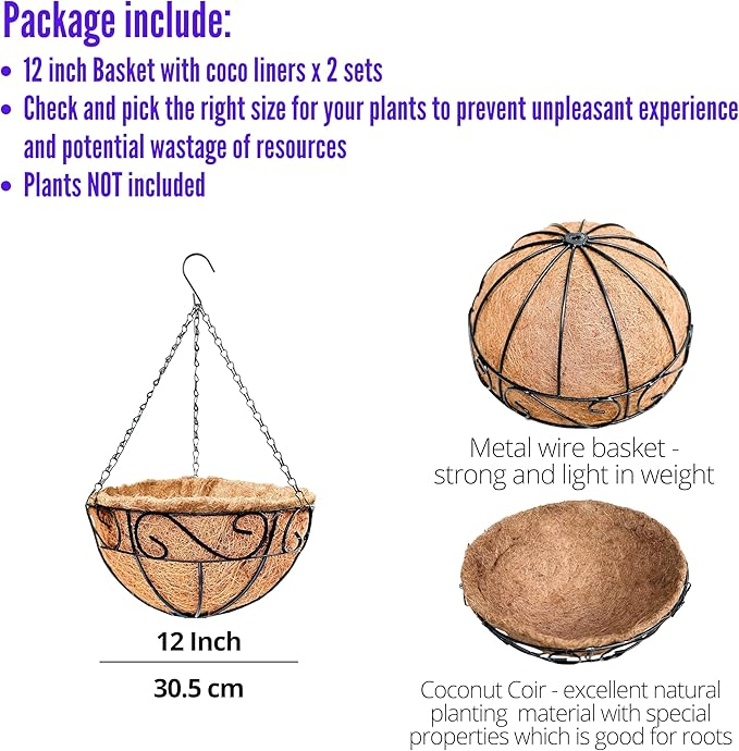 LaLaGreen Hanging Planter for Outdoor Plants (2 Pack, 12 Inch) Hanging Baskets with Coco Liner, Metal Wire Flower Basket Pots with Hook Hanger Balcony Porch Farmhouse Country Style Garden Decor