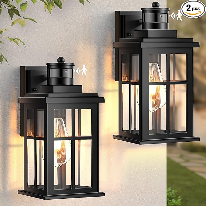 Motion Sensor Outdoor Lights, 2 Pack Outside Light Fixture Dusk to Dawn, Black Outdoor Motion Sensor Light, Anti-Rust Exterior Light Fixture for House, Garage, Doorway, Porch, 100% Aluminum