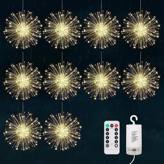 Firework Lights,10 Pack LED Copper Wire Fireworks Lights Fairy Lights Christmas Hanging Dimmable String 8 Modes Waterproof with Remote Control
