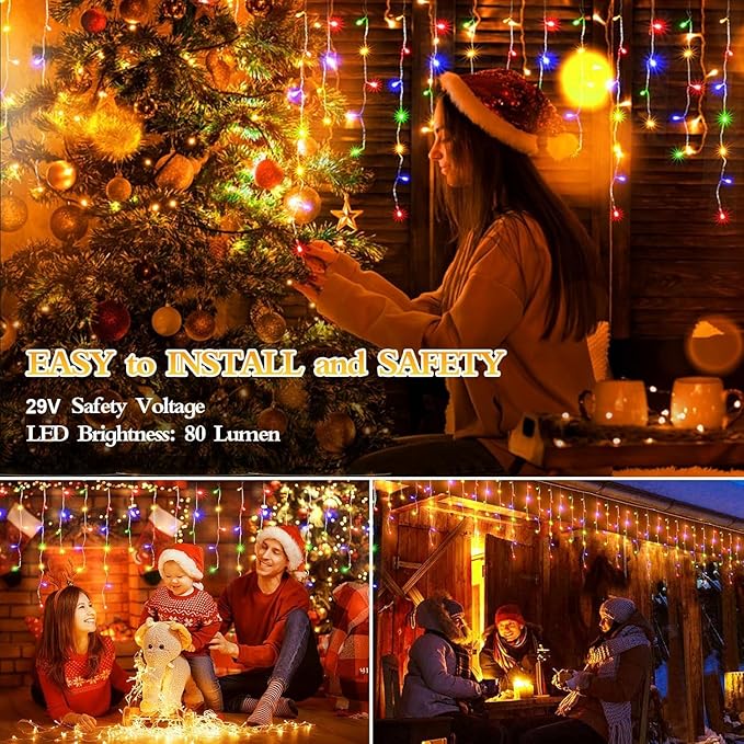 480 LED 49FT Christmas Lights Plug in 8 Modes with Timer Dimmable Christmas Decorations Outdoor Waterproof Indoor Curtain String Lights for Roof Porch Garden Holiday Wedding Party Decor Multi Colored