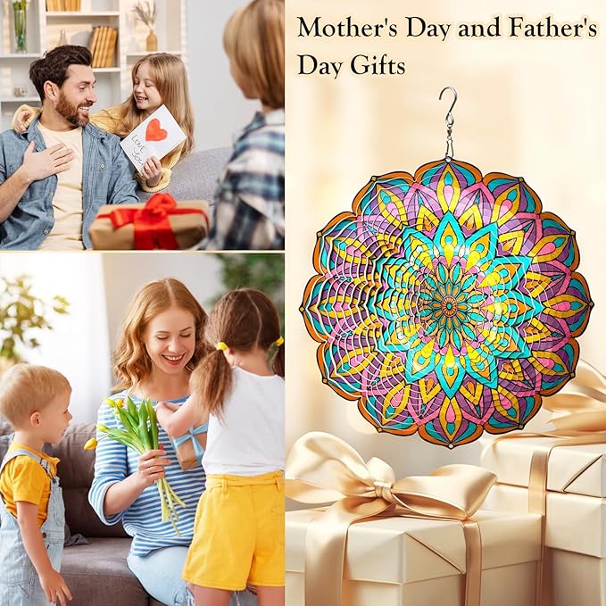 Wind Spinner Purple Tulip Mandala Wind Spinners for Yard & Garden Hanging Wind Sculpture & Spinners 3D Kinetic Metal Art Decor Outdoor Ornament, Fun Mandala Gifts for Women/Mom/Dad/Men/Girl