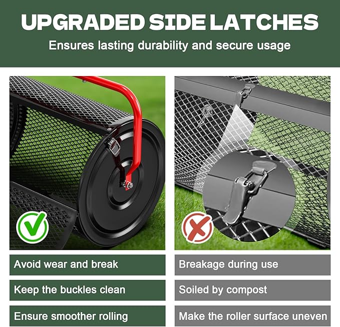 Compost Peat Moss Spreader for Lawn, 36 Inch Compost Roller Spreader with Adjustable T-Shaped Handle, Upgraded Side Clasps, Durable Lightweight Metal Roller, Lawn Garden Yard Care