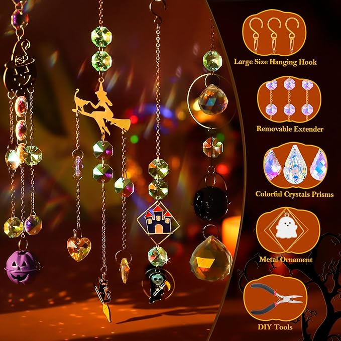 270 Pcs Halloween DIY Crystal Sun Catchers Indoor Window, Hanging Prism Suncatchers for Halloween Decorations, Outdoor Halloween DIY Suncatcher Kit, Glass Crystal Sun Catcher Crafts for Adult…