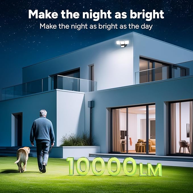 OREiN 10000LM Flood Lights Outdoor, 180°/75FT Motion Sensor Outdoor Lights 4 Modes Dimmable Dusk to Dawn Floodlights IP65 Waterproof for 8000SQ.FT Area for Big Patio, Driveway, Black (Hardwired)