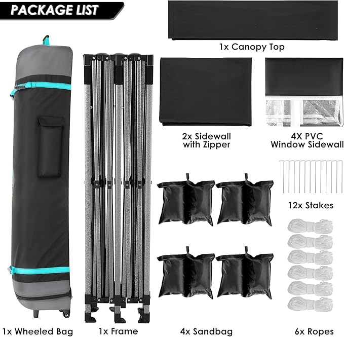 COBIZI 10x20 Canopy with Sidewalls, Heavy duty Party Tent Pop up carpas para fiestas, Tents for Parties, wedding, Outdoor Ez up Foldable Portable Canopy Tent with Wheeled Bag, Black(Windproof Upgrade)