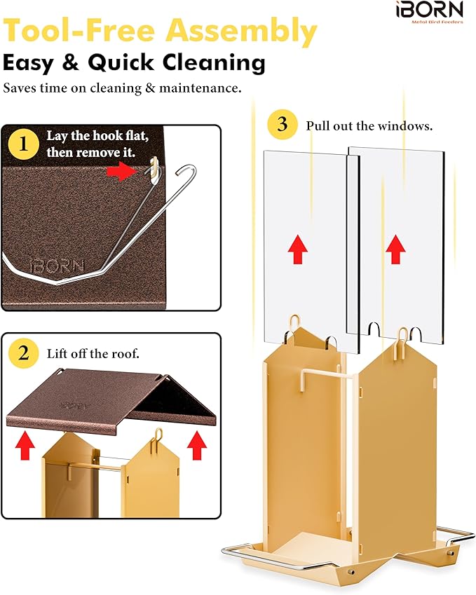 iBorn Bird Feeders for Outdoors,Bird House Feeder with Weatherproof Metal Roof & 8 Drain Holes,Fully Detachable Birdfeeder Design,Easy Clean & Refill,Chew-Proof PC Windows,1.5 Lbs Capacity,Coffee Roof