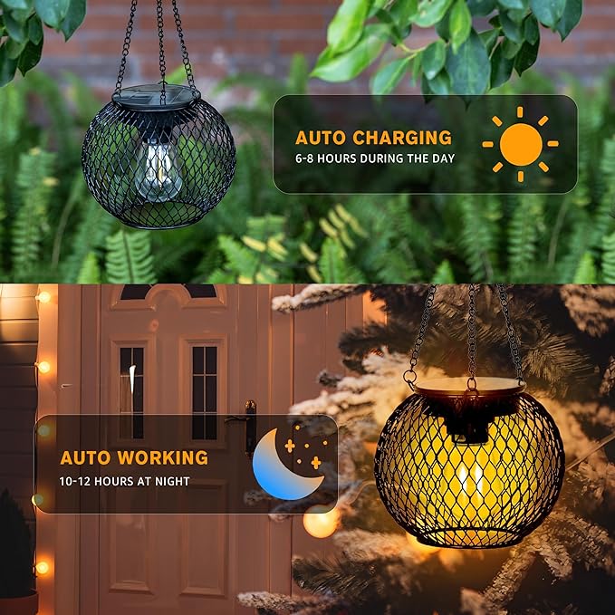 Solar Lanterns Outdoor, 2 Pack Brighter Metal Solar Hanging Lanterns, IP65 Waterproof Solar Lights Outdoor, Gardening Gifts & Decor for Garden Yard Patio Pathway