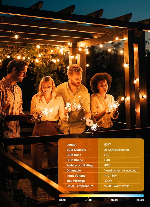 Brightown Outdoor String Lights - Connectable Dimmable LED Patio String Lights with G40 Globe Plastic Bulbs, All Weatherproof Hanging Lights for Outside Backyard Porch (50 ft - 25 LED Bulbs)