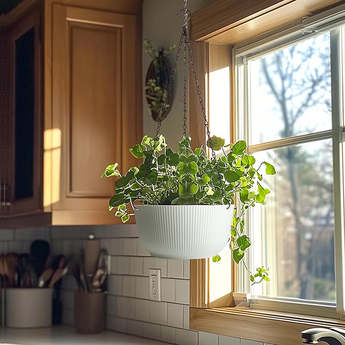 T4U 10 Inch Hanging Planters for Indoor Outdoor Plants, 2 Pack White Self Watering Hanging Plant Pot, Hanging Pots Set with Drainage Hole & Plug & Chain with 3 Hooks for Garden Home Decor