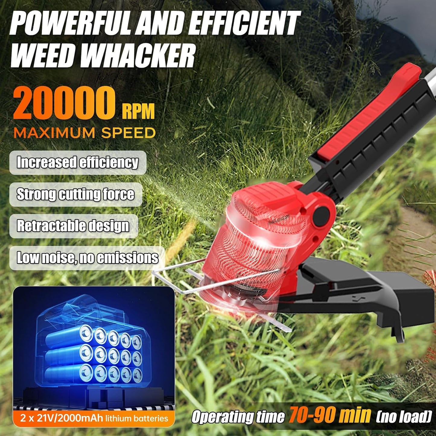 Electric Weed Wacker Eater Cordless Grass Trimmer Battery Powered with 2 Battery&25 Pcs Blades, 3 in 1 21V/2.0Ah Lightweight Portable String Trimmers/Edger Lawn Mower/Brush Cutter for Yard Garden