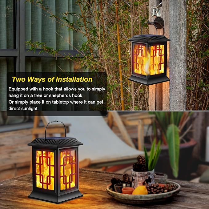 Solar Lanterns - Outdoor Hanging Solar Lights with Flickering Flame, Decorative Garden Lanterns, Waterproof LED Lights for Garden, Patio, Pathway, Yard - 2 Pack