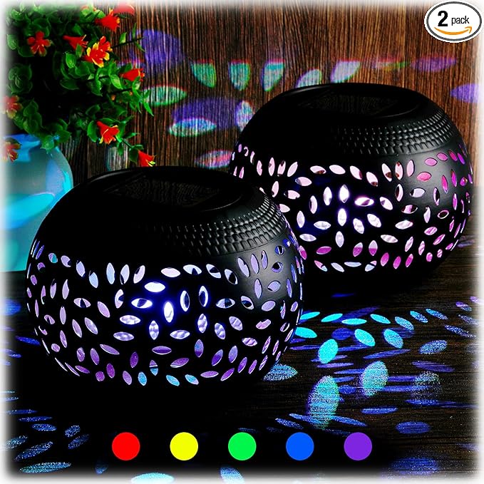 Reginary 2 Pcs Solar Table Lantern Outdoor Waterproof Dancing Flashing Flame 7 Color 2 Modes Metal Tabletop Light Desktop Decorative Lamp Auto On/Off Lighting for Patio Garden Pathway Yard (Black)