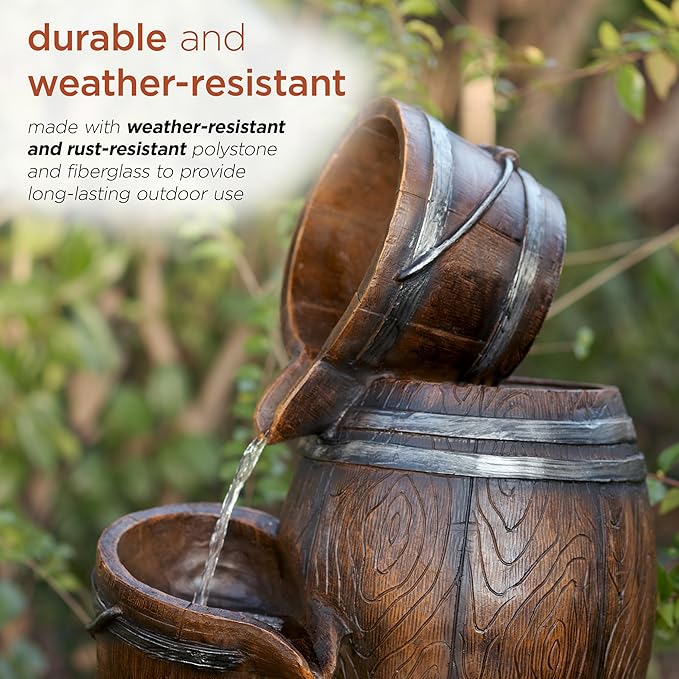 Alpine Corporation ZEN409S 24" Indoor/Outdoor Floor Tiered Barrels and Buckets Fountain, Rustic 4-Tier – Water Feature for Garden, Patio, and Home Décor, Brown