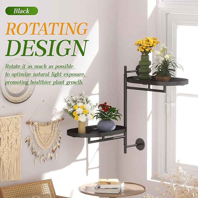 WIndow Rotating Plant Stand Shelf Indoor Black Metal Floating Shelves 2-Tier Wall Mount Plant Holders for Living Room Wall Planter Modern Home Decor for Gardening