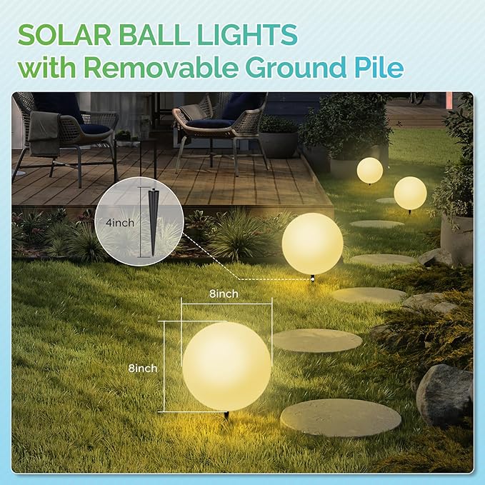 LOFTEK Solar Ball Lights with Ground Stake, RGBW Colors Changing Mood IP65 Waterproof Rechargeable Night Lights - Outdoor Solar Lights for Lawn Patio Yard Walkway, 8-inch