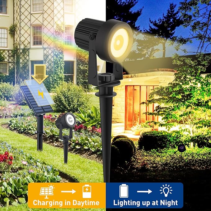 T-SUNUS Solar Landscape Spotlights 2 Pack Warm White, IP65 Waterproof Sopt Lights 9.8ft Cable, Outdoor LED Wall Light 3000K Separated Panel for Tree Flag Yard Garden Driveway Porch Walkway Pool Patio