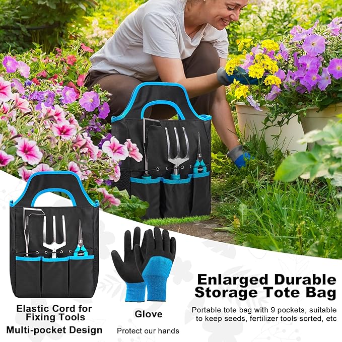 Garden Tool Set with Non Slip Rubber Grip,11 Piece Stainless Steel Gardening Tool Sets,Thickened Repotting Mat & Storage Tote Bag,Heavy Duty Outdoor Hand Tools Uprooting Weeding Tool, Ideal Gifts Blue