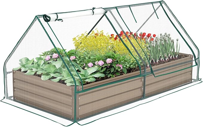 Metal Raised Garden Bed with Greenhouse 2 Large Zipper Windows Dual Use,Galvanized Steel Raised Garden Bed for Gardening Vegetables Fruit,20pcs T-Types Tags & 1 Pair of Gloves,8x4x1FT,Brown