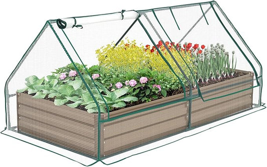 Metal Raised Garden Bed with Greenhouse 2 Large Zipper Windows Dual Use,Galvanized Steel Raised Garden Bed for Gardening Vegetables Fruit,20pcs T-Types Tags & 1 Pair of Gloves,8x4x1FT,Brown