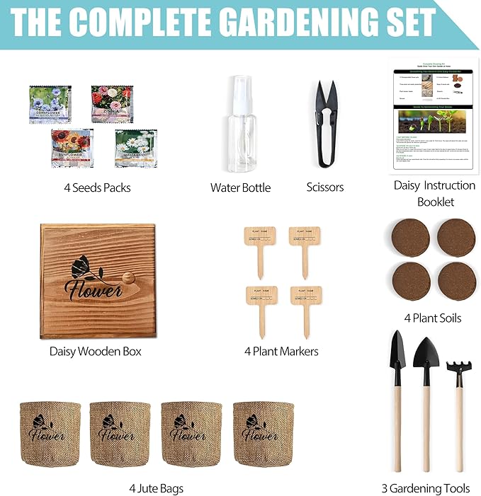 Indoor Daisy Garden Starter Kit, 4 Flower Seeds Growing into Shasta Daisy, Cornflower, Sunflower, Zinnia, Including Complete Gardening Tools, Christmas Gifts for Women Men & Beginners
