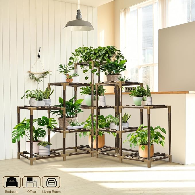 Plant Stand Indoor Outdoor, 11 Tier Corner Plant Shelf for Multiple Plants, Large Wood Plant Shelf Combo Ideal for Gardens, Patios, and Lawns