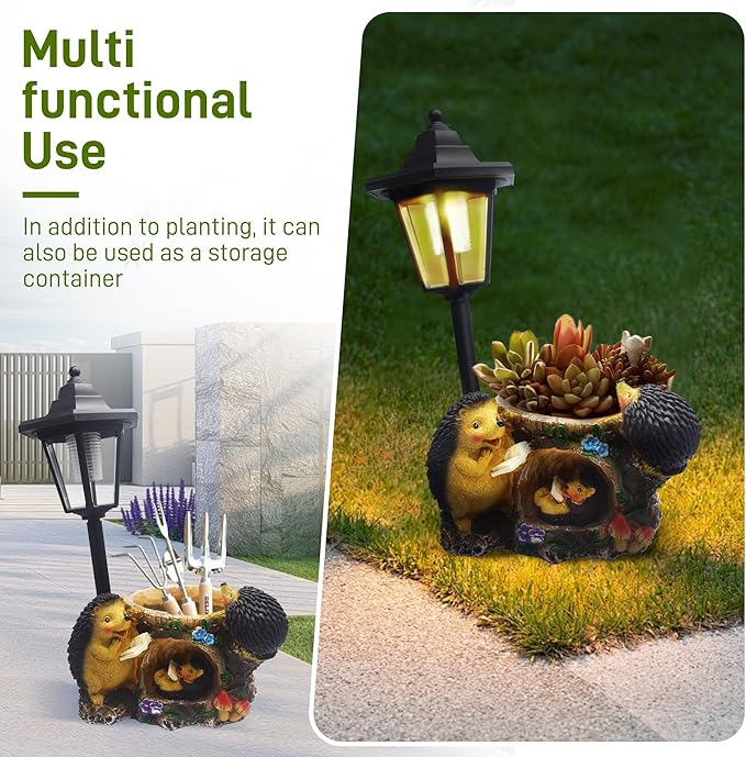 Outdoor Hedgehogs Statues Solar Sculptures with Solar Lights and Flowerpot Funny Garden Decor Animal Figurines Resin Outdoor Statues for Patio Yard Lawn Balcony Gifts