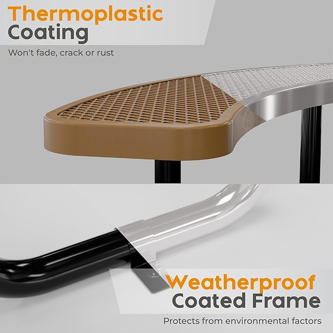 Metal Picnic Tables for Outdoors with Umbrella Hole - Coated Steel Heavy Duty Commercial Grade Table with Adjustable Seats (Brown, 38 in, Round, Expanded Steel)