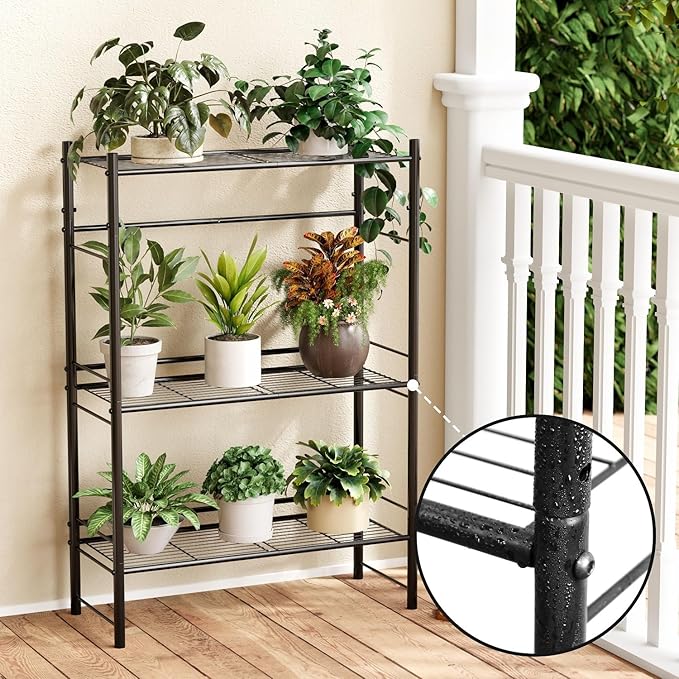 New England Stories Outdoor Plant Stand, 3-Tier Metal Plant Rack, Heavy Duty and Waterproof Plant Shelf, Stackable Tall Flower Pot Holder for Garden Display Rack, Black