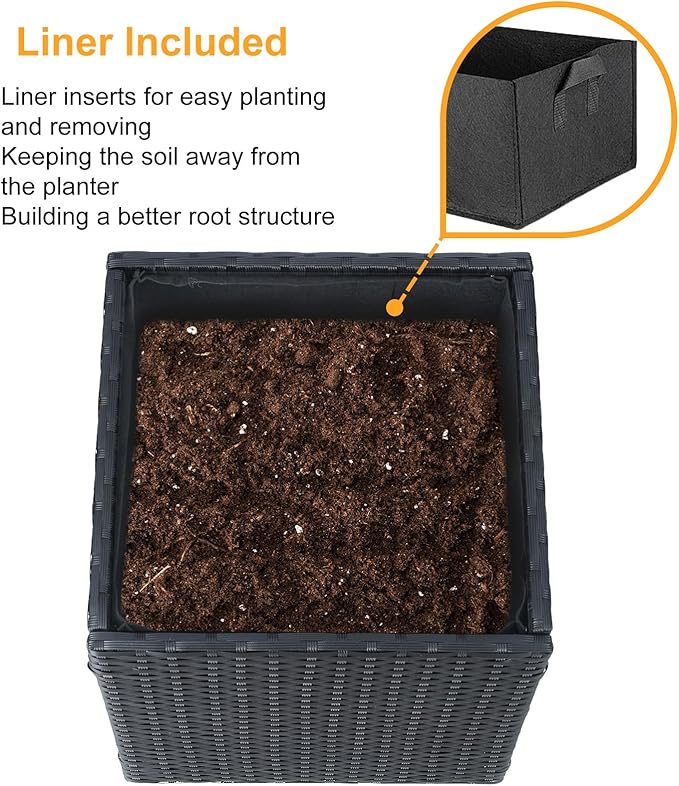 SUNNYPARK Set of 2 Large Square Planter with Removable Liner, All-Weather PE Rattan Modern Planters Indoor Outdoor Flower Plant Pots Garden Box Patio Yard Front Porch Deck