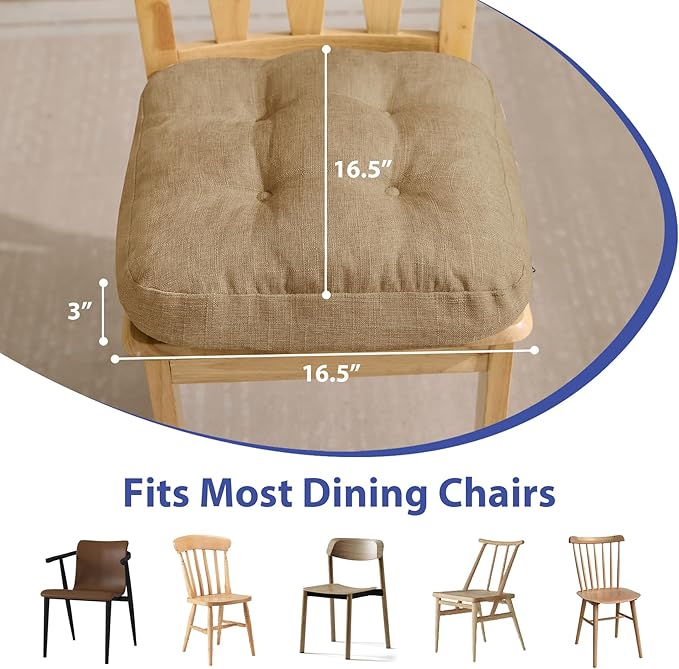 Chair Cushions for Dining Chairs, Dining Chair Cushions, Tufted Indoor Chair Pads with Ties & Non Slip Backing, Seat Cushions for Kitchen Chairs 16.5” x 16.5” x 3.5”, Set of 4, Khaki